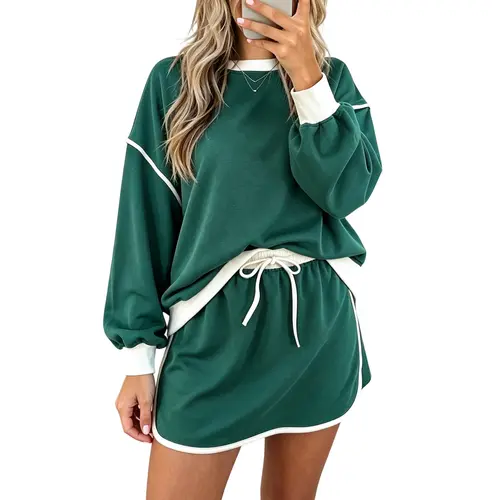 Mntaor Women's Contrast Loose Winteroutfit Long Sleeve Pullover and Lace-Up Waist Skort Set-Comfortable Fit for Chic Occasions Womenswear Outfit