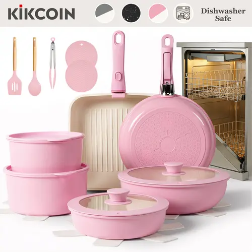 Kikcoin OOAK 22pcs Non-Toxic Nonstick Ceramic Cookware Set - 2" Removable Handle, 8.3"/10.6" Silicone Lids, Dutch Oven, PFAS-Free, Dishwasher/Oven Safe, Induction Compatible, Kitchen Supplies, Cooking Set, RV Cooking, Mother’s Day Gift
