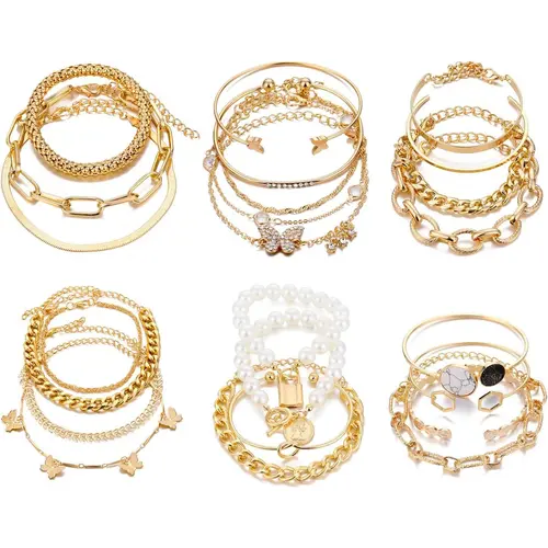 6 PACK Boho Gold Chain Bracelets Set for Women, 14K Gold Plated Multiple Layered Stackable Open Cuff Wrap Bangle Adjustable Link Italian Cuban Jewelry for Women Gift