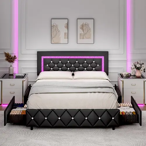 HOMBCK Bed Frame with LED Lights, No mattress, Upholstered Morden Bed Frame with Storage Drawers, Diamond Headboard and Footboard, No Box Spring Needed Furniture, Queen Size Bed Frame, Led-Lit Bed Frame#SohoChic#Homemakeover