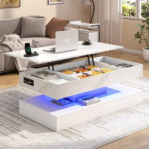 Large Lift Top Coffee Table with Charging Station, LED Modern High Glossy Center Table with Hidden Compartment Storage, White Lift Living Room Tables