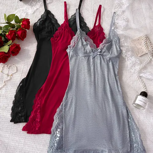 CHICME Women's 3-Pack Pajamas Set/Lace Pajama Set - Lace Trim Modal Cami Nightgown, Side Slit Sleep Dress with Bowknot, Soft Valentine's Day Sleepwear & Loungewear