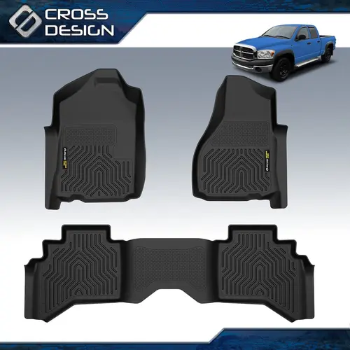CROSSDESIGN Synthetic TPE Truck Floor Mats for Dodge Ram 1994-2024 1500/2500/3500, 1st-2nd Row 3-Piece Set, All-Weather Rain-Shielding, Wear-Resistant, Waterproof, Anti-Slip, Raised-Edge Hold, Heat-Stable Odor-Free TPE, Shake-Clean Car Interior Accessory,