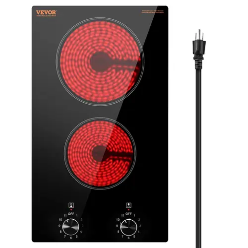 【Summerfinds】VEVOR Electric Cooktop, 12 inch 2 Burners Built-in Electric Stove Top, 1800W Ceramic Top Radiant Cooktop, with Glass Panel, Knob Control, 11 Heat Levels, 120V, for Diverse Cooking Requirements