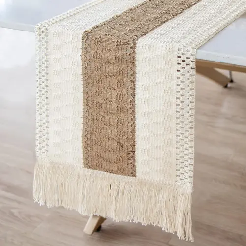 Natural Burlap Boho Macrame Rectangle Table Runner (72"x12") - Durable Rustic Woven Cotton Fabric, Tassels, Flower Plant Motifs, Handmade Charm, Boho Table Upgrade, Eventready Runner, Farmhouse Aesthetic Home Decor, Kitchen Linens