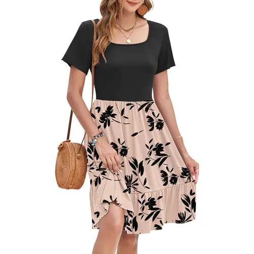 AUSELILY Womens Square Neck Dresses Casual Short Sleeve Dress A-Line Ruffle Sundress with Pockets