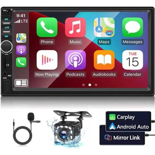7 Inch Double Din Car Stereo - Carplay & Android Auto Car Radio, Smart Driving Companion with Mirrorlink, Highdefvideo, Bluetooth Handsfree, Touchscreen, USB/AUX/TF Playback, FM, EQ, SWC + Rear Camera + Microphone, SummerVibes