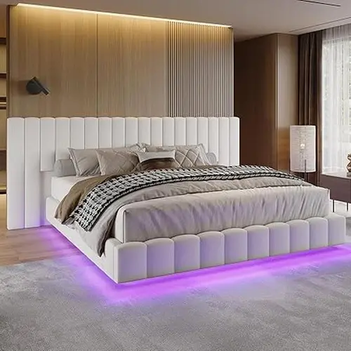 AMERLIFE Upholstered Bed Frame with Oversized Headboard, Modern Floating Bed Frame with RGB LED Lights, Velvet Channel Tufted Platform, Stable&Durable/No Box Spring Needed/Luxury Furniture Design/Best Gift Ideas[tiktokshopbacktoschool][SohoChic]