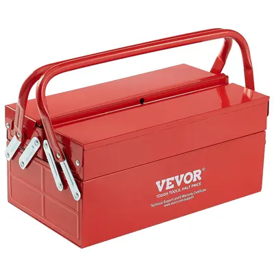 【Summerfinds】VEVOR Metal Tool Box, 14-inch, 2-Tier 3-Tray Portable Folding Tool Chest Organizer with Handle & Lock Hole, Powder Coated Steel, Cantilever Toolbox for Household Factory Warehouse Repair Shop, Red