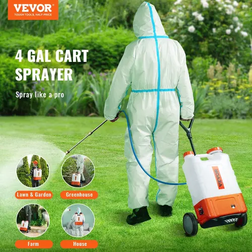 【Summerfinds】VEVOR Battery Powered Backpack Sprayer with Cart, 0-94 PSI Adjustable Pressure, 4 Gallon Tank on Wheels, with 8 Nozzles and 2 Wands, 12V 7.2Ah Battery, Wide Mouth Lid for Weeding, Spraying, Cleaning