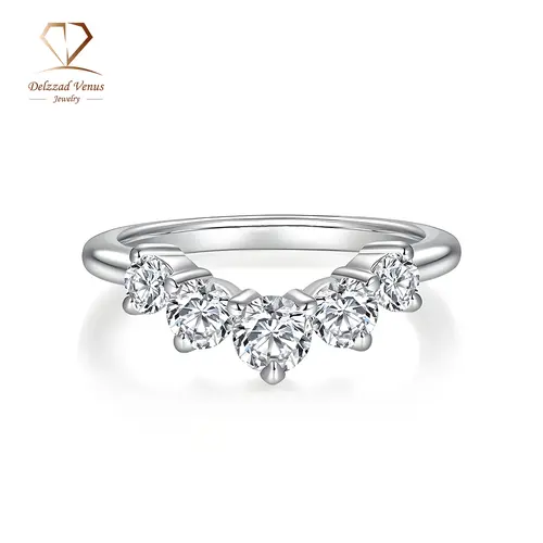 DELZZAD Women's S925 Sterling Silver Engagement Ring - 3.0mm*2 Round Stones, Total 0.9ct D Color VVS Sparkling Moissanite, Elegant Curved Wedding Band for Adult Females