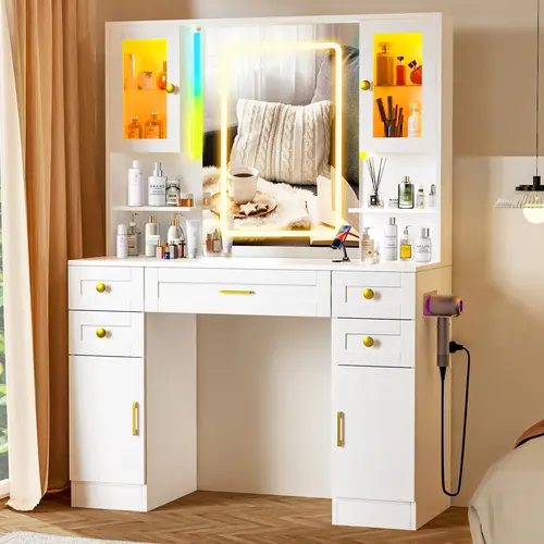 Large Makeup Vanity Table With LED Touch Control Mirror Lights, Big Bedroom Vanity Desk With Power Outlet, 4 Cabinets 5 Drawers 2 Open Shelves, Floor Makeup Dresser, Perfect Gift For Women