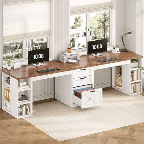 Sedeta 96.5"l x 19.7"w Rustic Farmhouse 2-Person Computer Office Desk - Durable Furniture-Style Modern Workstation with Drawers, Storage Shelves, Bookshelf with Drawers for Home Office