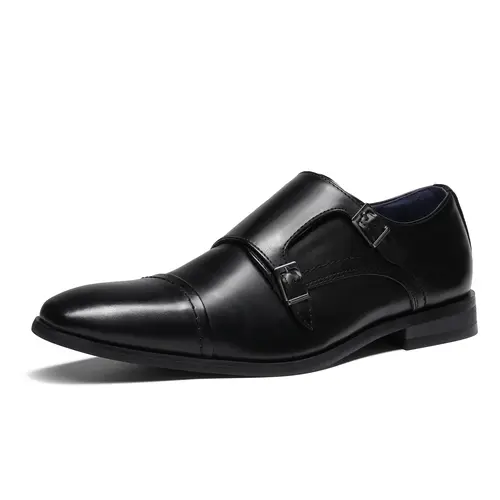【BRUNO MARC Anniversary】 Men's Synthetic Leather Double Monk Strap Dress Shoes, Casual Slip-On Footwear for Office with Comfortable Cushioning, Business Style Shoes, Rubber, Men's Shoes