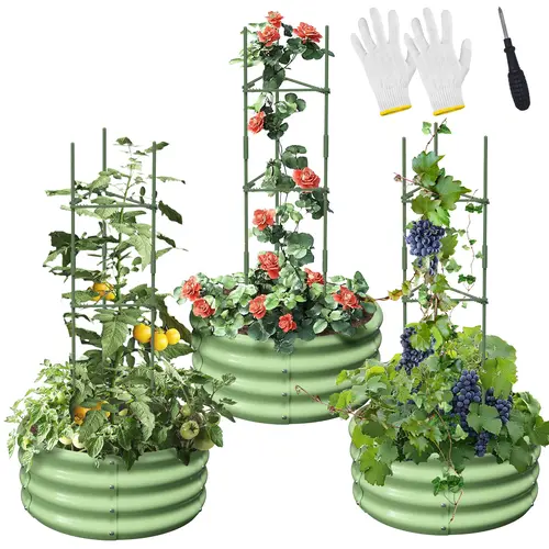 Lilypelle 3-Pack Round Galvanized Raised Bed Kit, 24x24x12in Stackable Powder Coated Elevated Planting Boxes with Tomato Trellis, Outdoor Climbing Planting Stand, Vertical Gardening Solution