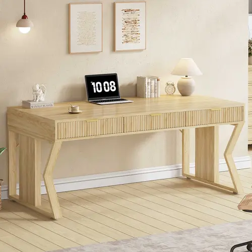 Sedeta 55"l*23.6" (55x23.6") Wooden Executive Desk - Vintage Oak Home Office Furniture, Commercial Durable Multi-Drawer Writing Workstation with 3 Sliding Drawers, Desk for Home Office Computer Use