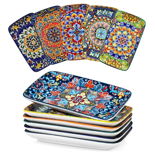 vancasso Simi Serving Platters & Plates Set – 6 Piece Dinner Plates or 3 Piece Rectangular Trays, Bohemian Ceramic Dish Set for Entertaining, Microwave & Dishwasher Safe Porcelain Dinnerware