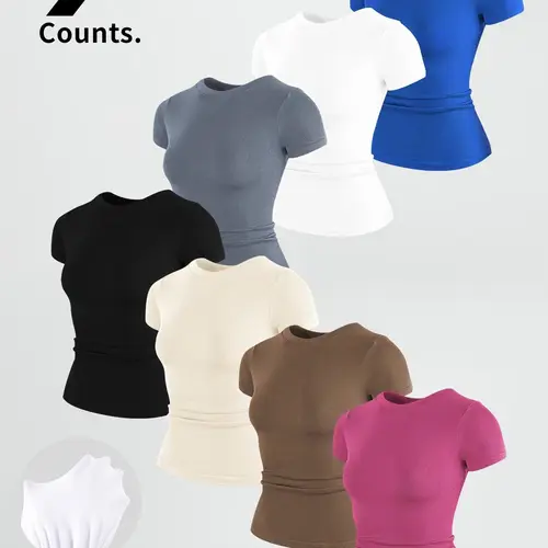 Women's Solid Color Round Neck Sports Tee, High Stretch Sporty Comfortable Breathable Crew Neck Short Sleeve T-shirt for Gym Workout, Ladies Sportswear for Summer