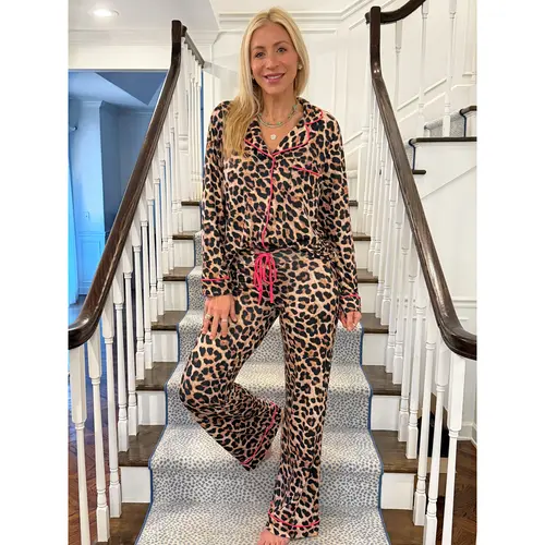 Leopard With Pink Trim Wide Leg Pants Pajama Set