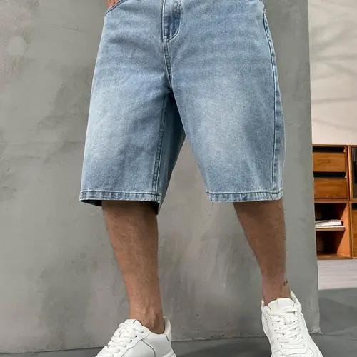 Men's washed retro Vintage color natural light wash denim shorts, Jean, trendy, versatile, loose straight-leg casual streetwear denim five-point pants #GLOBAL PICKS