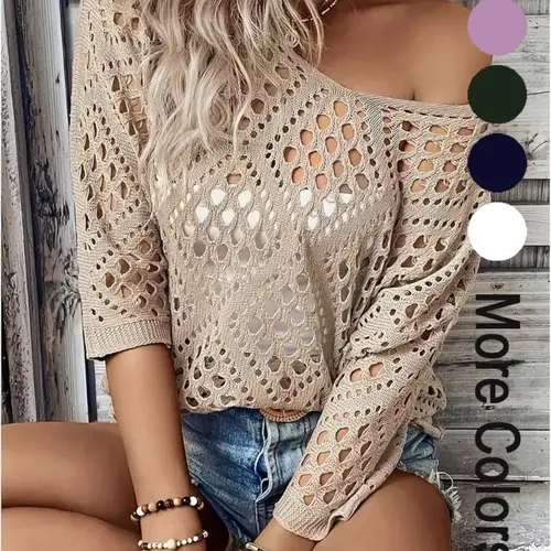 Women's Plain Hollow-Out Knitting Sweater Tops, Casual Loose Fit 3/4 Sleeve Crew Neck Jumper for Summer, Fashion Women's Knitwear for Daily Wear, Elegance Lady Womenswear