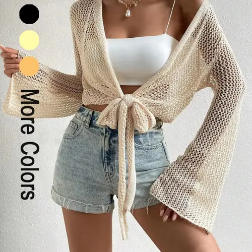Women's Plain Knot Front Cardigan, Casual Long Sleeve Breathable Cover Up for Summer, Tie Front Cardigan, Fashion Womenswear Women's Knitwear for Beach Holiday Vacation Fit