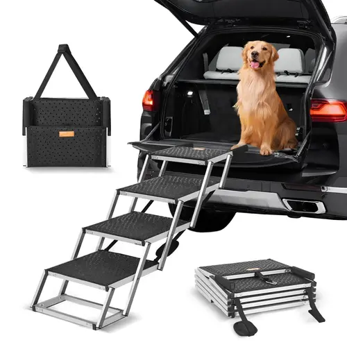 【Summerfinds】VEVOR 4-Step Wide Dog Car Stairs, Foldable Lightweight Aluminum Pet Ramp with Nonslip Surface, Portable Cars Accessories for SUV/Truck, Supports Small Dogs & Grooming Use Up to 150 lbs