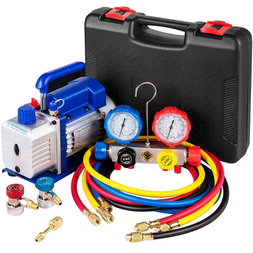 【Summerfinds】VEVOR Industrial Heavy Duty Rubber Suction Pump4.8CFM 1/4 HP Single Stage for HVAC A/C Cooling Systems5PA Ultimate VacuumR410A R134A R22 Manifold Gauge Kit with 4-Way Gauge & Hose, Tool Box