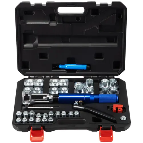 【Summerfinds】VEVOR 45° Double Hydraulic Flaring Mechanic Tool Set, 32 PCS with Tube Cutter & Deburrer for 3/16"-1/2" Copper Lines, GM-Compatible Plumbing Kit with Pressure Relief Valve for Brake Repair, Tool Storage Kit