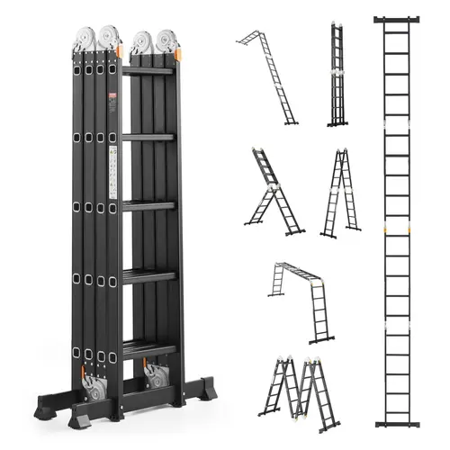 【toolupgrade】VEVOR 7-in-1 Multi-Purpose Folding Ladder, A-Frame 5-Step Aluminum Telescopic Ladder, 19ft (228.3 in) Reach Height, 330 lbs Capacity, Compact, Non-Slip Foot Pedal, Heavy Duty Adjustable for Home Outdoor Tall Jobs, Aluminum Telescopic Ladders