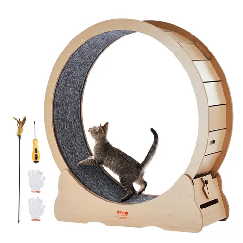 VEVOR Wooden Cat Exercise Wheel,  43.3" Large Cat Treadmill Wheel for Indoor Cats, Cat Running Wheel with Detachable Carpet & Cat Teaser for Running/Walking/Training, Suitable for Most Cats Yellow