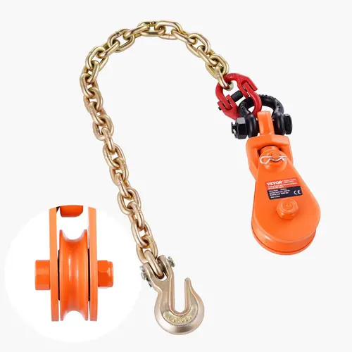 【Summerfinds】VEVOR Heavy Duty Hardware 2-Ton Snatch Block Pulley, G80 2-Foot Chain, 3" Sheave, 3/8" Wire Rope Compatibility, 360° Rotating Hook, 4400 lbs Lifting Power for Flatbed Tow Truck Towing & Recovery