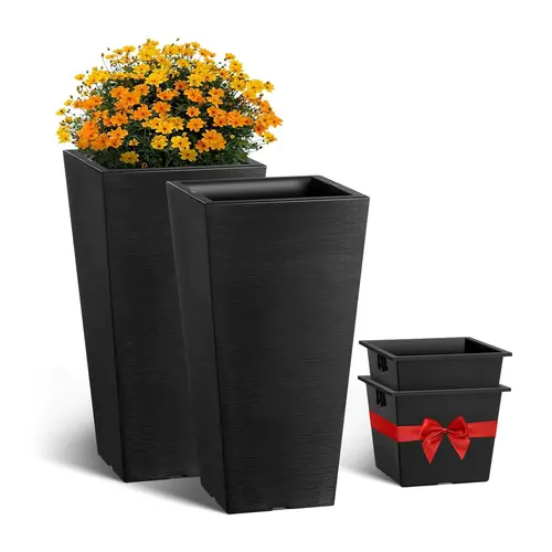 【Summerfinds】VEVOR 2-Pack 22in Tall Polypropylene (PP Plastic) Outdoor/Indoor Planters, Black Tapered Square Pots with Modern Design, Built-in Drainage Hole for Busy Homes’ Front Porch Plants