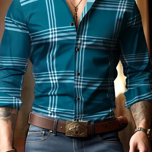 Men's Plaid Print Button Front Shirt, Casual Fashion Shirt, Regular Fit Long Sleeve Collared Top for All Seasons, Men's Clothes for Daily Wear, Casual Button Shirts