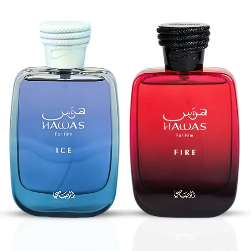 Hawas Ice for Him & Hawas Fire Eau de Parfum Sprays 100ml (3.4 oz) by Rasasi (Bundle) – Fire & Ice Men’s Bundle