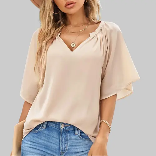 Shewin Women's Oversized V-Neck Short-Sleeve Basic Baggy Chiffon Blouse - Lightweight Batwing-Inspired Summer Top, Breathable Fabric, Casual Fit for Jeans Pairing, Stylish Wardrobe Essential, Sleeves, Style, Office Ootd, Loose Fit