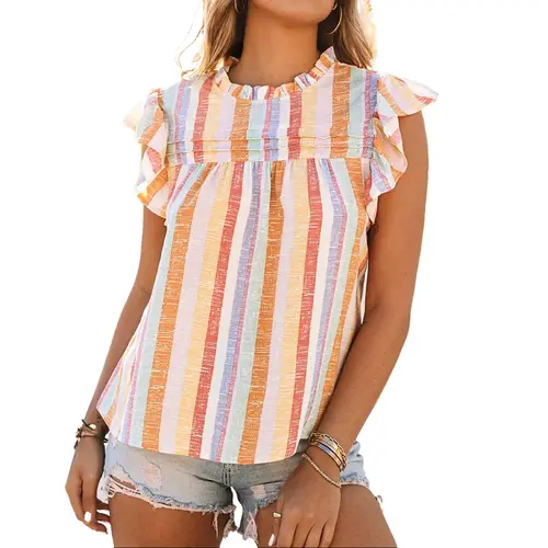 Shewin Women's Casual Striped Crew Neck Top with Short Ruffle Sleeves, Loose Fit Blouse in Breathable Soft Polyester, Short Sleeves, Basic, Trending Clothes, Cute Shirts, Trendy Blouses, Cute Clothes For School, Casual Basic, Stripped Pattern