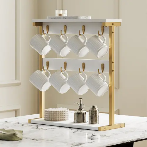 【LIMITED‑TIME DEAL】YATINEY Coffee Mug Holder for Counter, 2 Tier Mug Tree Rack, with 8 Hook and 2 Open Shelves, Vintage Mug Holder Stand for Home Kitchen, White and Gold #SummerVibes#DealsforYouDays #SummerGarden