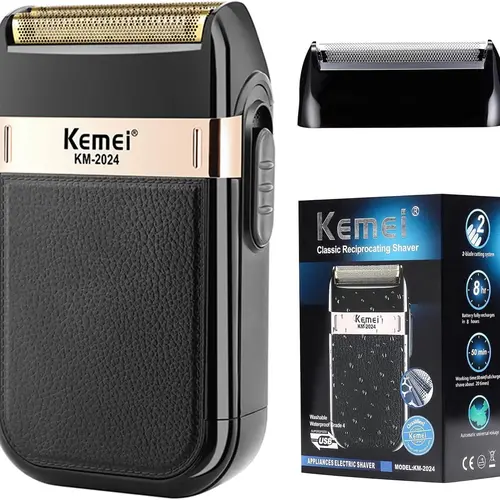 Kemei KM-2024 Men's Electric Shaver - Adjustable Foil, Waterproof, Showerproof Cordless Shaver, USB Rechargeable Battery, Detachable Blade, Gift Brush, Storage Bag, Hair Styling Tool for Thanksgiving Gifting & Smooth Facial Shaving