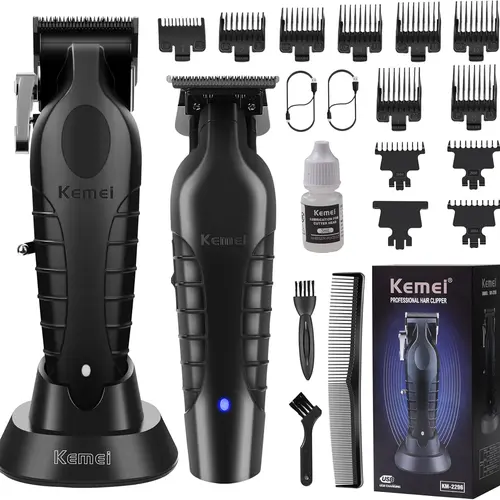 KEMEI Professional Smooth Hair Clipper Kit for Men - Cord-Cordless, Battery-Powered Handheld, 0-Gapped T-Blade Barber Tool with USB Rechargeable, Durable Stainless Steel Handle (KM-2299, KM-2296) for Beard Style Grooming