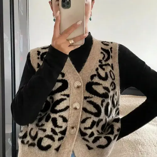 Women's Leopard Print Sweater Vest, Sleeveless Fitted Vest, Casual Fashion Sleeveless Knitwear Tops, Sleeveless Knitted Vests for Daily Wear, Ladies Clothes for All Seasons, Womenswear, Piece