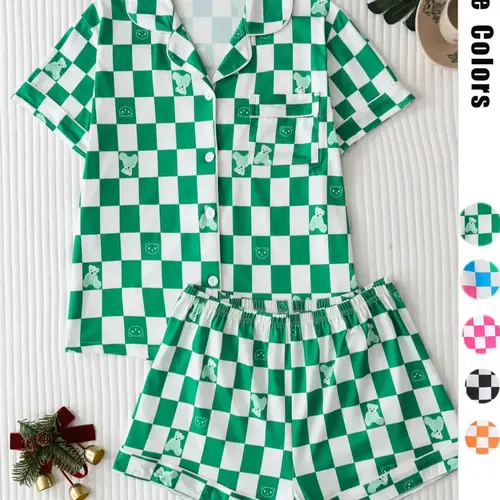 Women's Checkerboard Print Lapel Neck Pajama, Casual Comfy Short Sleeve Button Front Chest Pocket Design Top & Elastic Waist Shorts PJ Set, Ladies Summer Sleepwear Loungewear Pjs Set