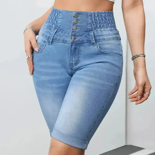 Women's Button High Waist Denim Shorts, Minimalist Cute Casual Comfy Roll Hem Shorts for Daily Wear, Ladies Bottoms for Summer, Womenswear, Jean Shorts, Button Fly Shorts, High Waisted Shorts, Casual Fitted Shorts