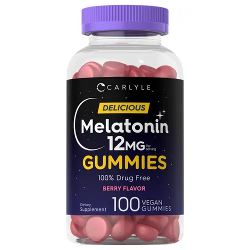 Carlyle Melatonin Gummies 12mg | 100 Count | Berry Flavor | Vegan Supplement | Non-GMO, Gluten Free