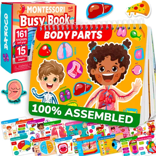 QUOKKA Body Parts Preschool Learning Tool - Interactive Toy Book Flash Cards, Activity Board Flash Cards, 15 Pages, 161-Sticker Set, Toddler Learning Activities for Ages 4-8, Attention Support, Early Science Knowledge Builder