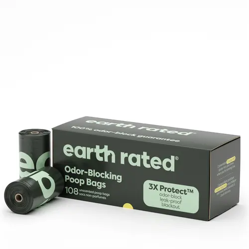 Earth Rated | 3X Protect Odor-Blocking Poop Bags, 108 Count, Leak-Proof, Unscented, Durable 7-Layer Design, 9" x 13" Size, B Corp Certified