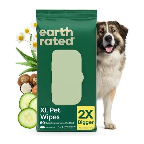 Earth Rated XL Pet Grooming Wipes 3-in-1 Hypoallergenic Cleaning, Deodorizing & Hydrating for Dogs & Cats, 60 Count Unscented