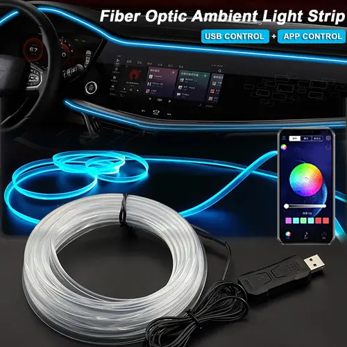 3m Car Interior Ambient LED Light Strip - Invisible USB Fiber Optic Lamp, APP Control, Car Interior Accessories, Ambient Glow & Mood Enhancement