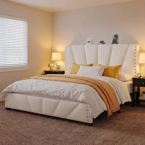 Glamorous LED Bed Frame with Velvet Storage Headboard, Charging Station, Sturdy Wooden Slats Support, Full/Queen/King Sizes, No Mattress, Requires Assembly, Indoor Furniture Bed Frames