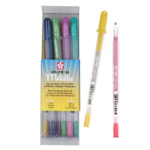 SAKURA Gelly Roll Metallic Gel Pens - 16-Pack Artist Quality Colored Pens Set, Medium Line Archival Quality Gel Ink, Reflective Shine, Smooth Flow, Doesn't Bleed, Fade Resistant for Artists' Note Taking on Glossy Surfaces